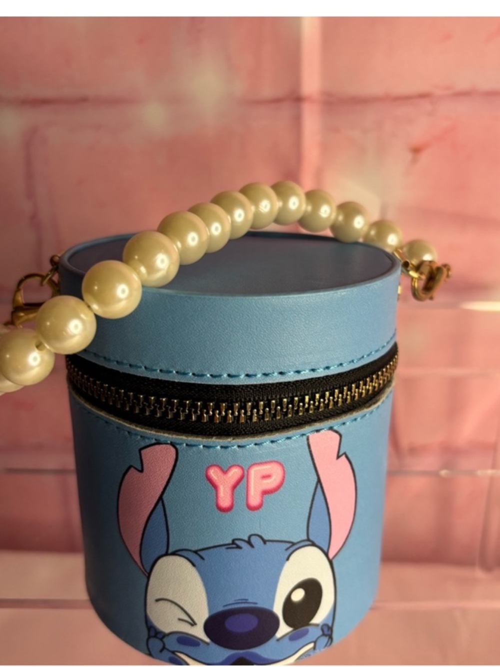 Blue Stitch Pearl-Handle Round Crossbody Bag